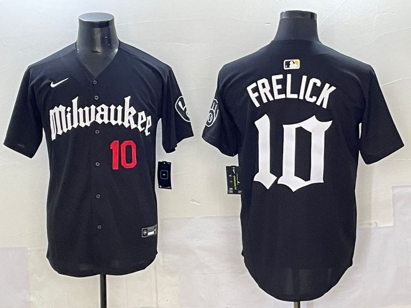 Men 2025 Milwaukee Brewers #10 Frelick Black Five generations Joint Name Nike MLB Jersey style 07